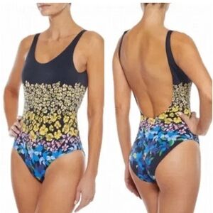 Onia Womens Rachel Classic High Leg Open Black One Piece Swimsuit Floral Sz S
